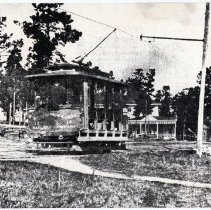 Electric street car on Presidio of Monterey before Officers' Club, ca. 1920