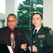 Colonel Simone delivers speech at Ben De La Selva's retirement party from the Defense Language Institute Foreign Language Center (DLIFLC)