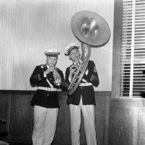 Alva Appel and Dick Figulue Playing their Instruments for the Army Band, 1943