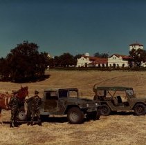 Soldiers in front of Hacienda at Fort Hunter Liggett