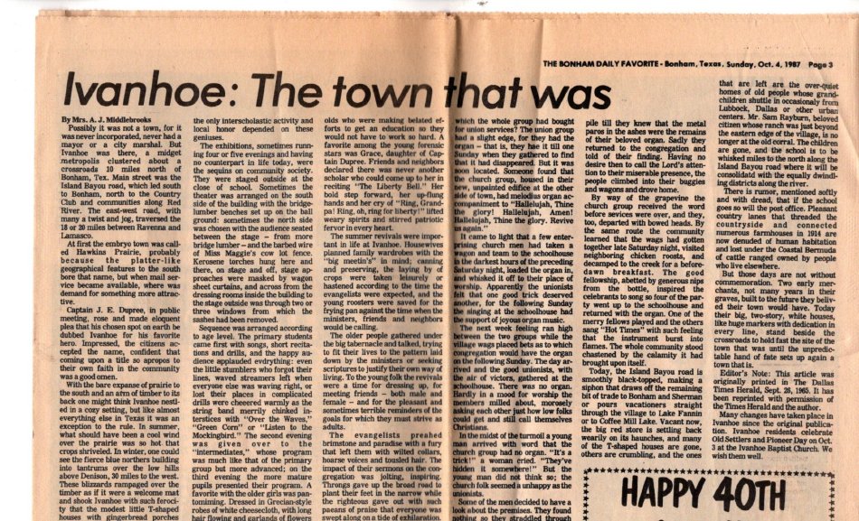 Article on the history of Ivanhoe. Ivanhoe Town Collection Fannin