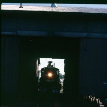 Blue Goose locomotive in train shed