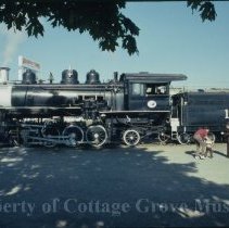 Blue Goose at depot with adults and child