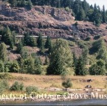 Blue Goose on track above Row River near Dorena Dam