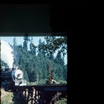 Boys jumping off bridge at Rat Creek with Blue Goose approaching (staged?)