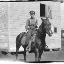 Boy on a horse in front of a barn