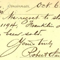 Postal card to Samuel W. Pennypacker from Robert Clarke & Co.