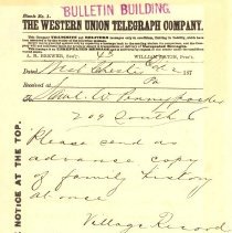 Telegram to Samuel W. Pennypacker from Village Record of West Chester, PA