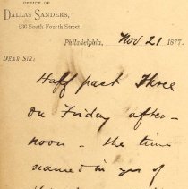 Postal card to Samuel W. Pennypacker from Dallas Sanders