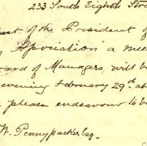 Postal card to Samuel W. Pennypacker from the Penn Monthly president