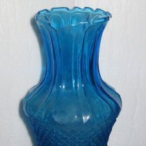 Blue transparent glass vase - ridged top half and cut diamond bottom half