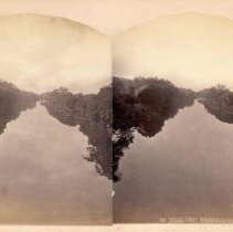 Stereograph of view up the Perkiomen Creek from bridge