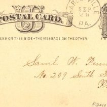 Postal card to Samuel W. Pennypacker from Hannah Cassel