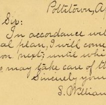Postal card to Samuel W. Pennypacker from S. Williamson
