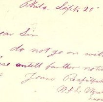 Postal card to Samuel W. Pennypacker from W. &. L. Wenkenback