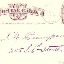 Postal card to Samuel W. Pennypacker from the Penn Monthly Association