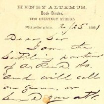 Postal card to Samuel W. Pennypacker from Henry Altemus