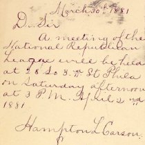 Postal card to Samuel W. Pennypacker from Hampton L. Carson