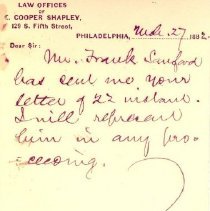 Postal card to Samuel W. Pennypacker from E. Cooper Shapley