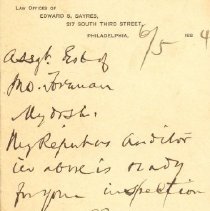Postal card to Samuel W. Pennypacker from E. S. Sayres