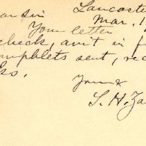 Postal card to Samuel W. Pennypacker from S. H. Zahm + Co.