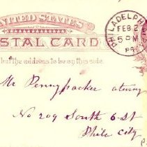 Address side of postal card to Samuel W. Pennypacker from S. Harry