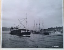 Scow Homer, May 1953. Schooner Fantome in background