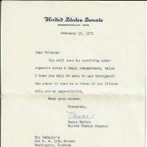 1971 letter from Senator Vance Hartke to Vic DiCanio