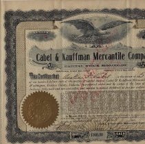 1906 stock certificate for 50 shares in Cabel & Kauffman Mercantile Co.