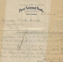 1910 letter from First National Bank in Odon