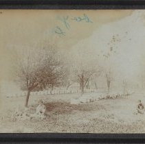Denorie, Earl, Connie. Lowell & Mary Tomey in yard with bee hives (ca. 1910