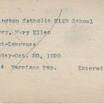 Mary Ellen Auberry"s card at Washington Catholic High School (ca. 1934)