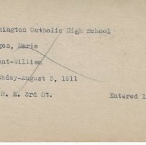 Marie Benges' card at Washington Catholic High School (ca. 1927)
