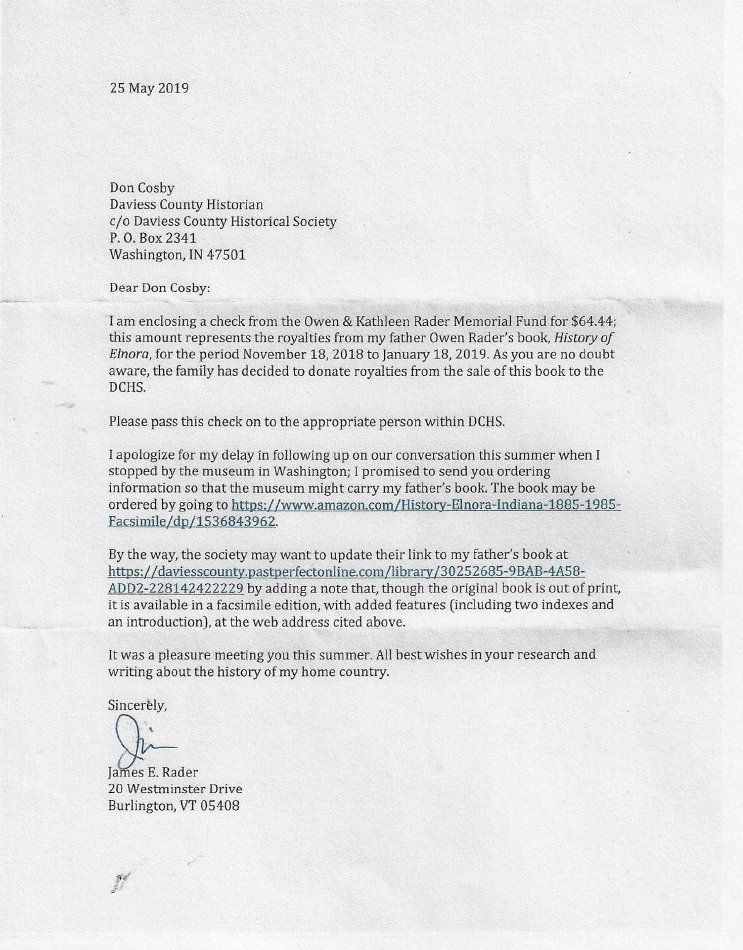"History of Elnora, Indiana 18851985" Owen R. Rader Daviess County