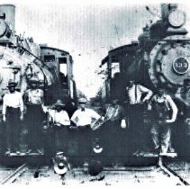 B & O employees with two steam locomotives (ca. 1910-1920)