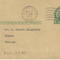 1937 postcard to W. Elwood Dougherty about IU scholarship