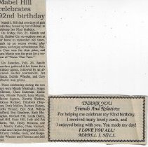 Newspaper article about Mabel I. Hill 92nd birthday festivities