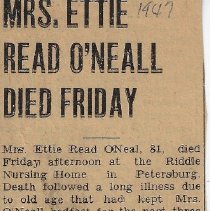 Obituary of Etta Read O'Neall