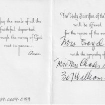 Mass card in memory of Helen (O'Neall) Boyd (1987)