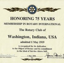 75 Year Membership Certificate for Washington Rotary Club (1994)