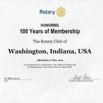 100 Year Membership Certificate for Washington Rotary Club (2019)