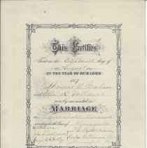 August 18, 1887 marriage certificate for Thomas B. Graham and Ella K. (Vall