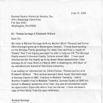 2014 letter from Michael Gorsage to DCHS with genealogy chart of Wesley Gor
