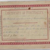 1887 Certificate of Punctuality given to Lula "Luly" Farris
