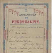 1889 Certificate of Punctuality given to Lula "Luly" Farris