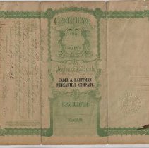 1906 stock certificate for 50 shares in Cabel & Kauffman Mercantile Co.