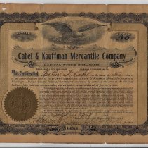 1906 stock certificate for 50 shares in Cabel & Kauffman Mercantile Co.