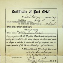 1907 certificate that Alice Swickard is Past Chief in Pythian Sisters