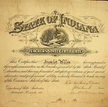 Hamlet Allen's 1885 Indiana teacher's license