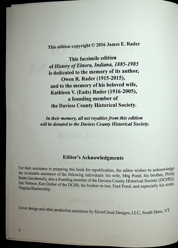 "History of Elnora, Indiana 18851985" Owen R. Rader Daviess County